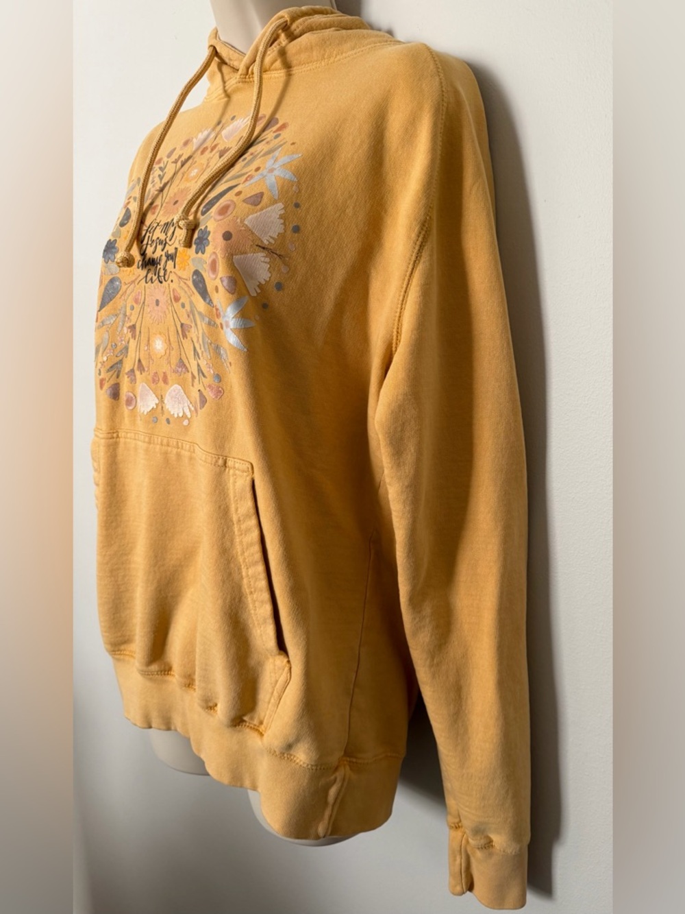 Lane Seven Mustard Yellow Floral Graphic Hoodie Sweatshirt w/ Christian Message - Picture 4 of 14